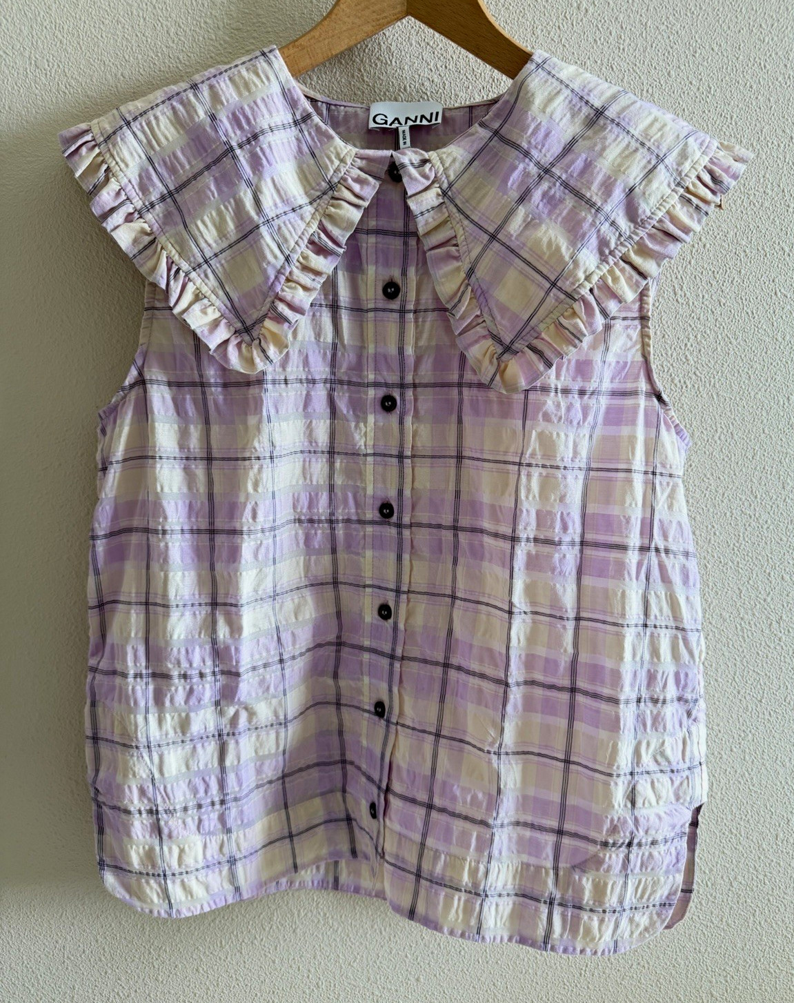 GANNI Womens Medium EU 40 Purple Check Ruffle Collar Blouse Scandi Feminine