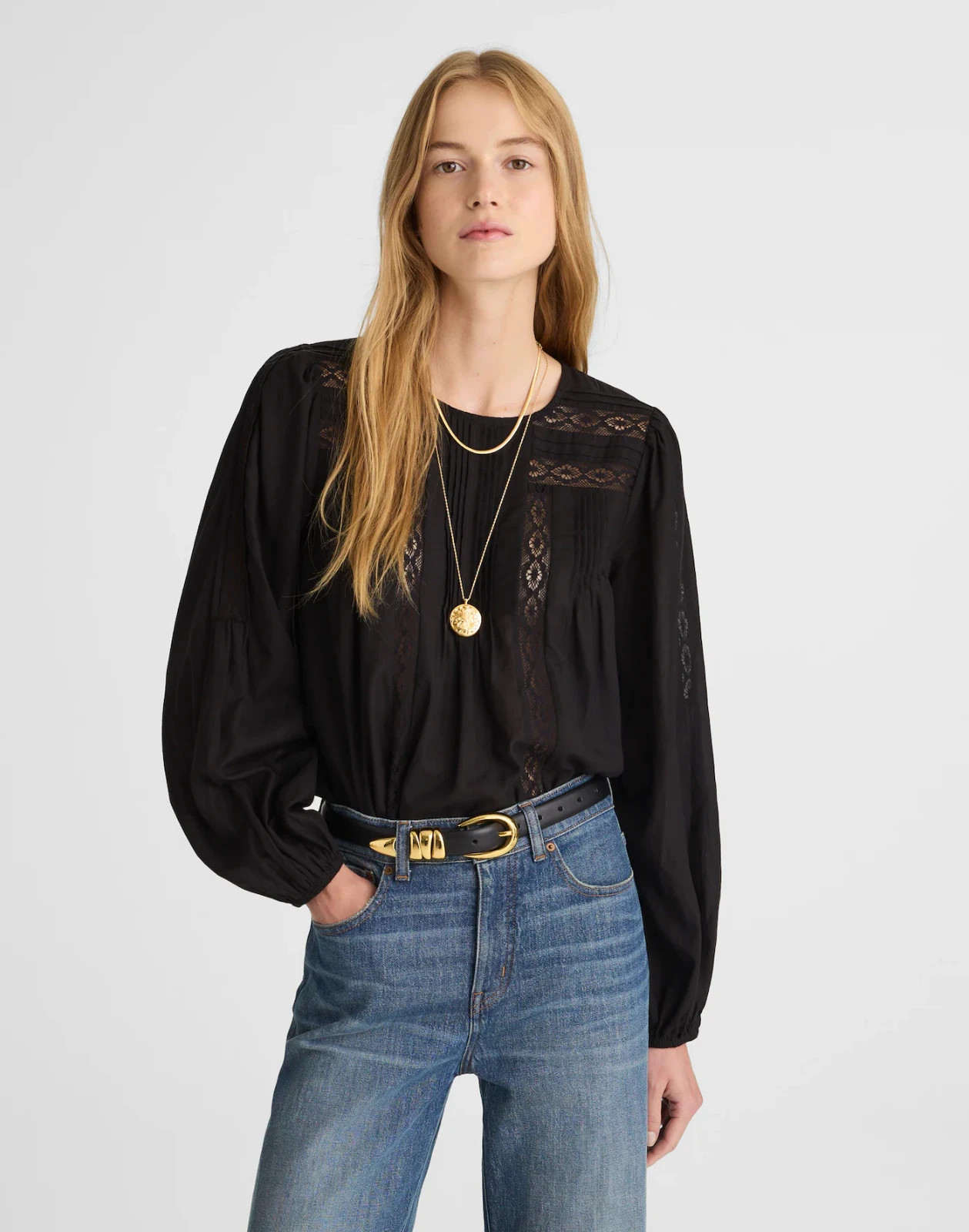 MADEWELL Lace-Insert Pintucked Long-Sleeve Top 3X Jet Black Lightweight NEW B9
