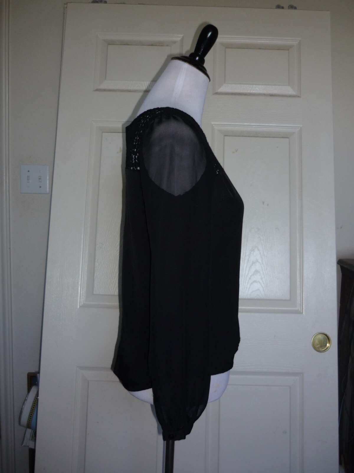Candie’s Sheer Black Draped Shirt Blouse Top, Long Sleeves, Embroidered, Sz S