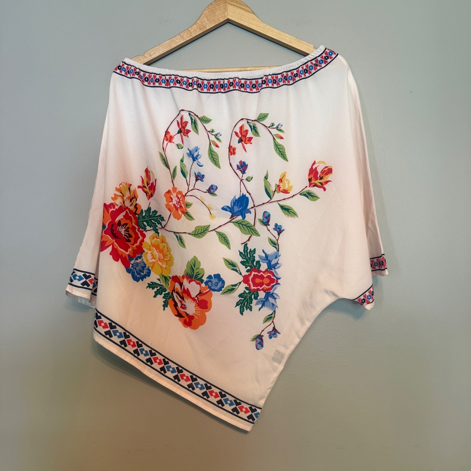 Breathe Floral One Shoulder Poncho Top Cream Multicolor Asymmetric Large
