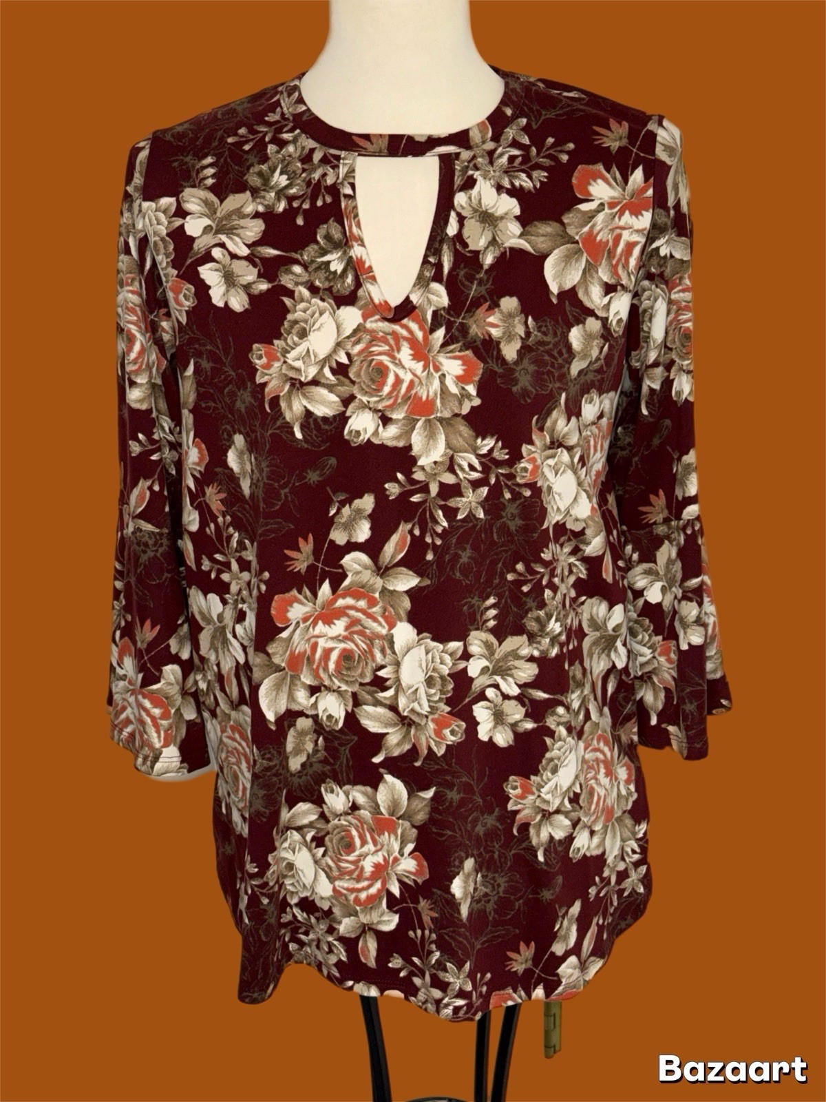Crepas Womans Blouse Shirt floral tunic 3/4 pullover keyhole size small
