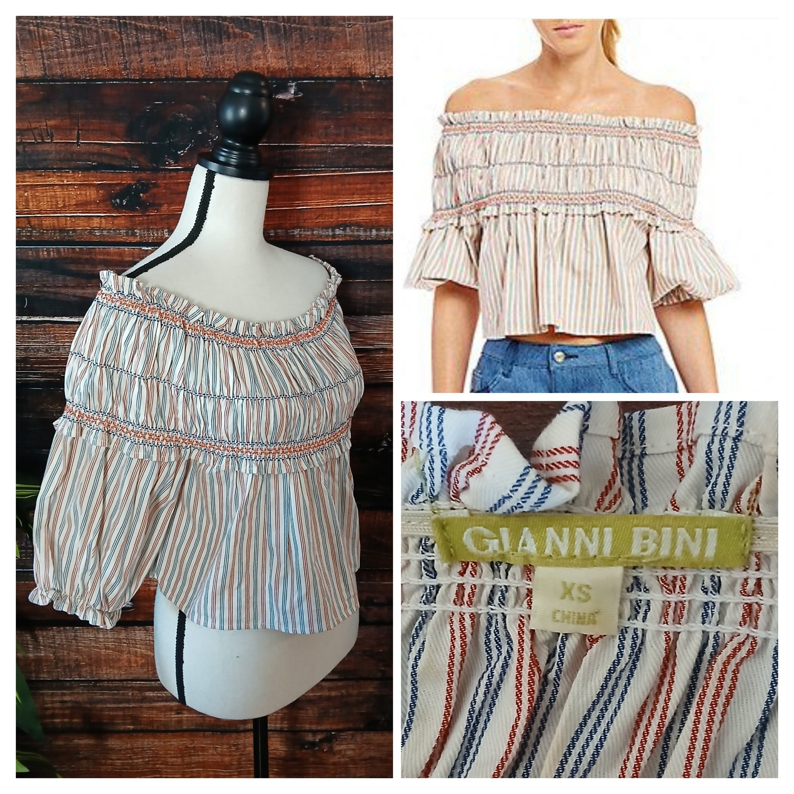 Gianni Bini Crop Top Size XS Puff Sleeve Smocked Ruffle Striped Off Shoulder