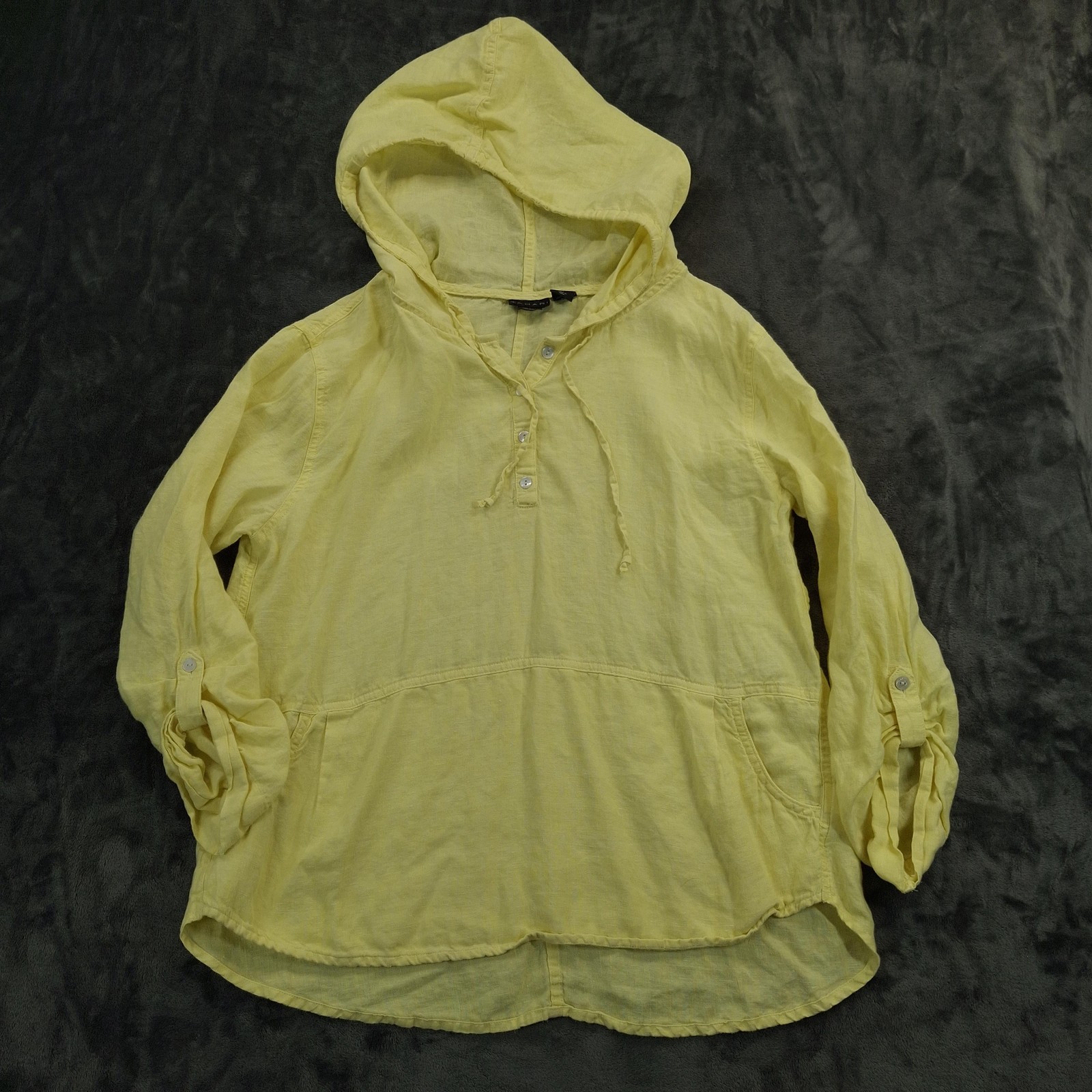Tahari Linen Hooded Popover Top Womens Large Yellow Roll Tab Sleeve Beach