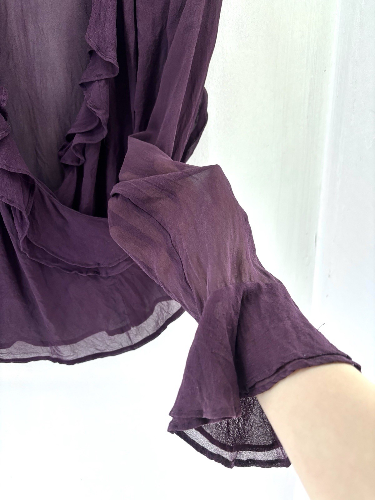 Monsoon Somen. 100% Silk Top Ruffle Blouse Flare Purple Light-weight Sz14 R1246