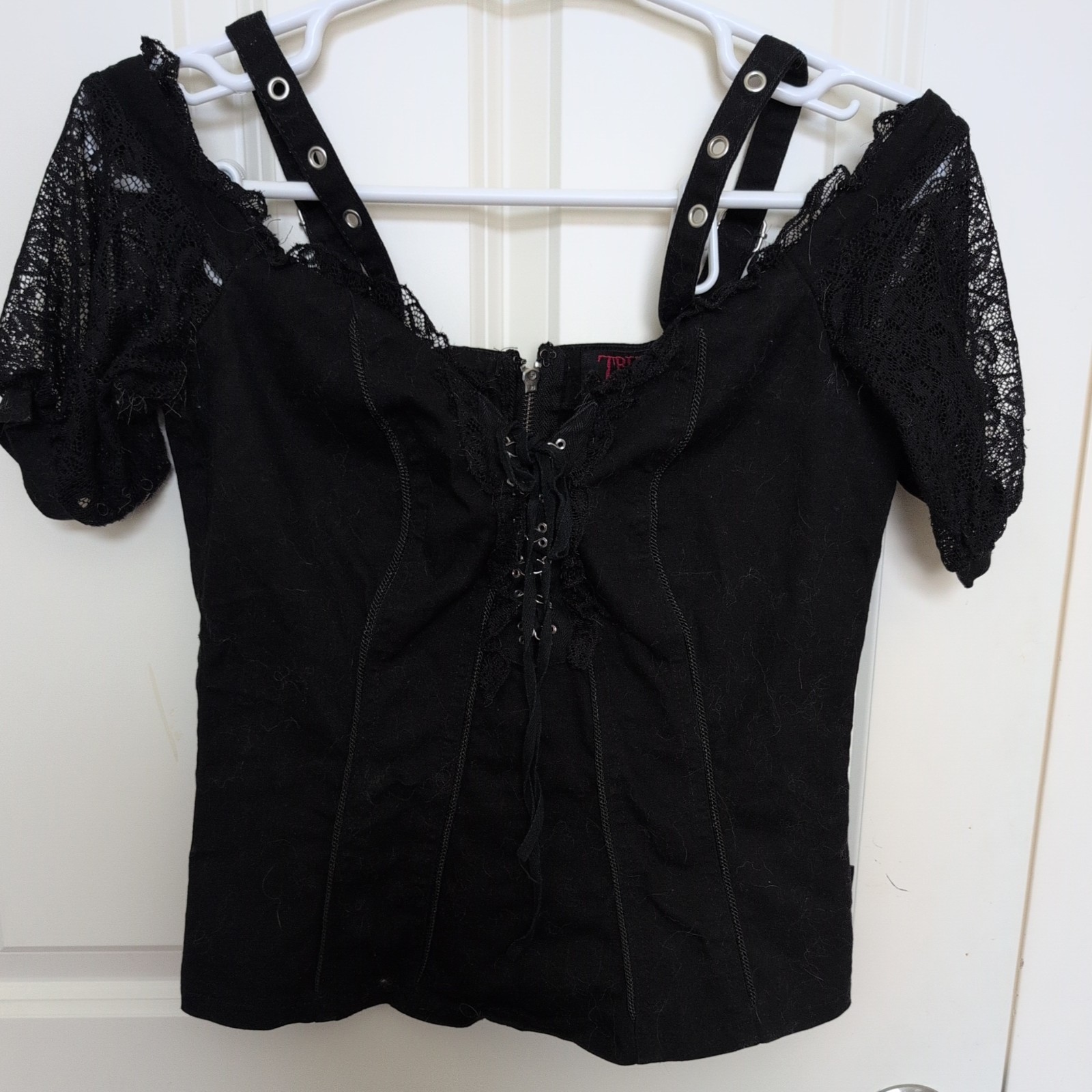 Vintage Tripp NYC Black Corset Top M Grunge Y2K Emo Lace ruffle cap sleeves