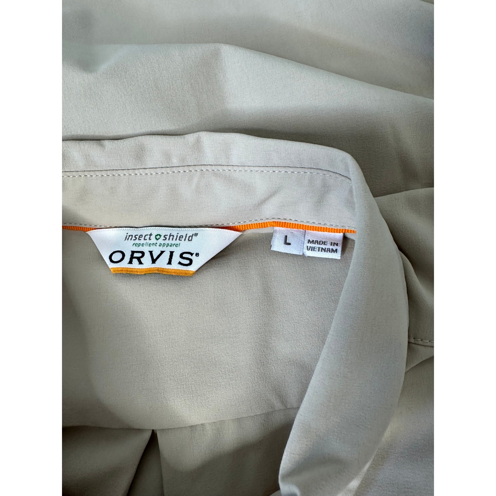 Orvis Insect Shield Roll Tab Sleeve Button Down Shirt Size L Tan Outdoor Hiking