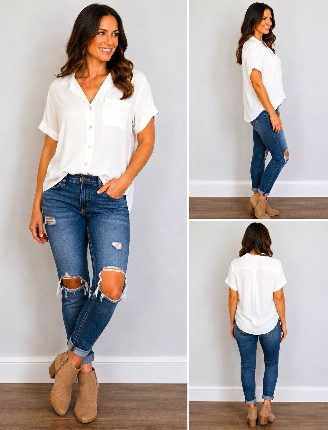 Rose + Olive Women’s White Solid Collared Button Front Short Sleeve Blouse M