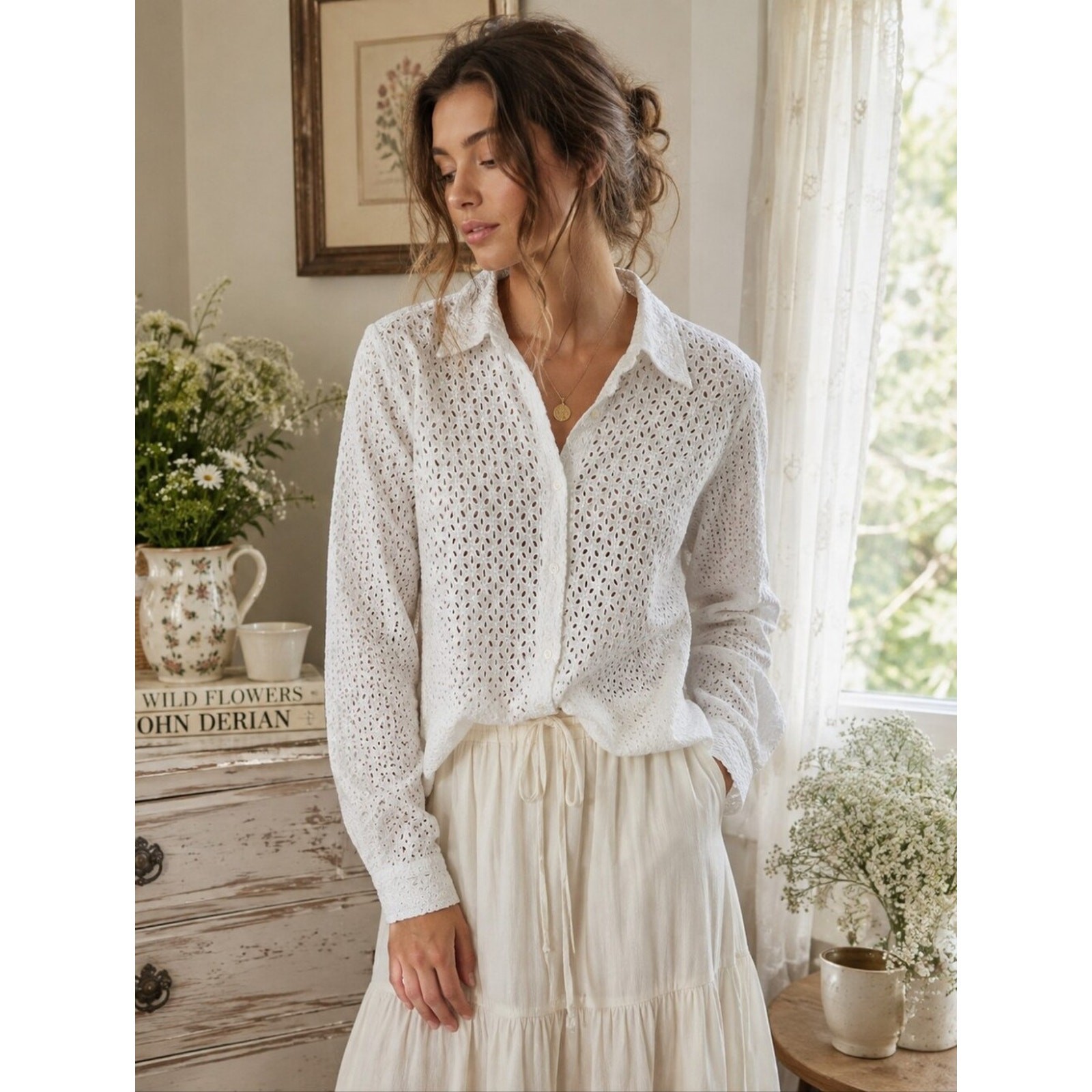 Lauren Ralph Lauren White Eyelet Lace Blouse Cotton Cottagecore Old Money Large