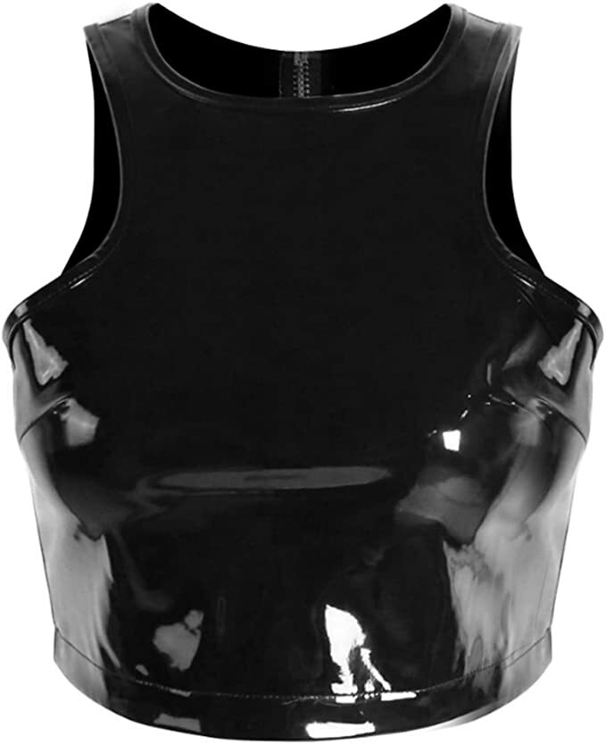 YiZYiF Women’s Patent Leather Solid Clubwear Crop Tops Zipper Back Cropped Vest
