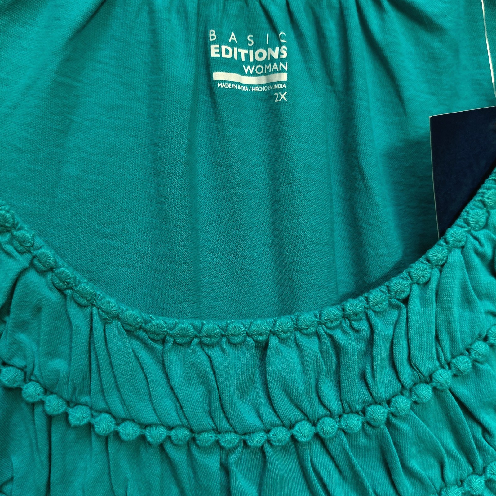 2X BASIC EDITIONS 100% COTTON STRETCH KNIT TEAL RUCHED TOP T-SHIRT NEW OLD STOCK