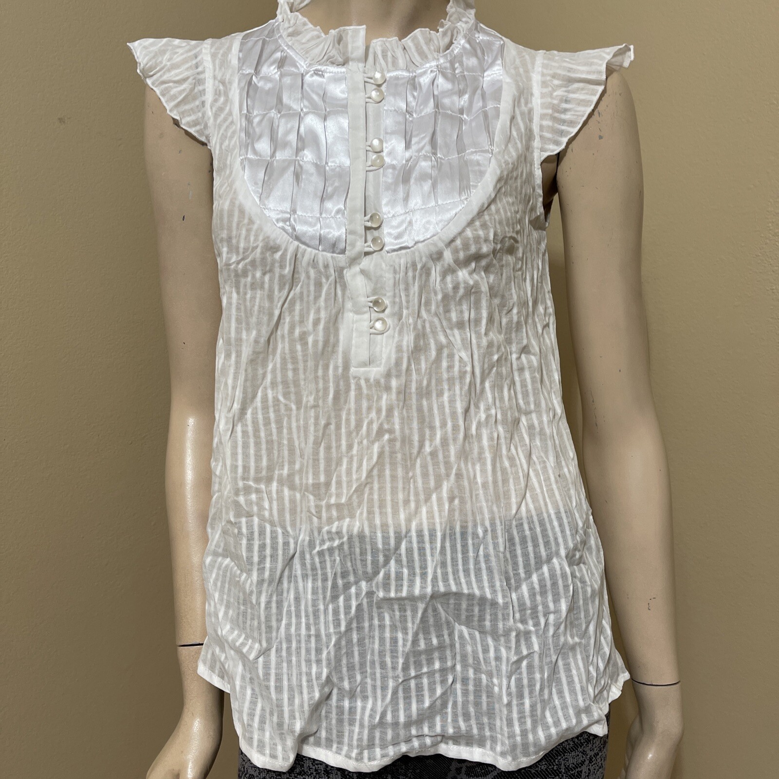Women’s White Cotton Casual Sheer Pleated Satin Pearl Button Size M Blouse Top