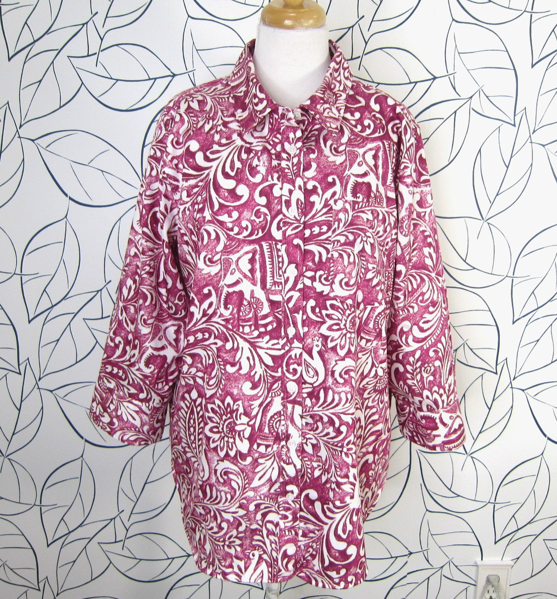 Soft Surroundings Easy Care Stretch Woven 3/4 Sleeve Big Shirt Berry Floral Sz L