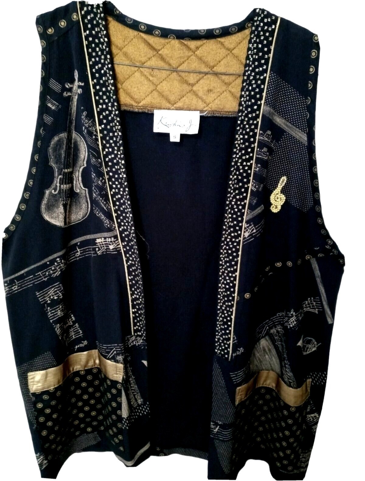 Vintage 80s Black Vest Gold Eclectic Music Kristin J Nostalgia Oversized Small