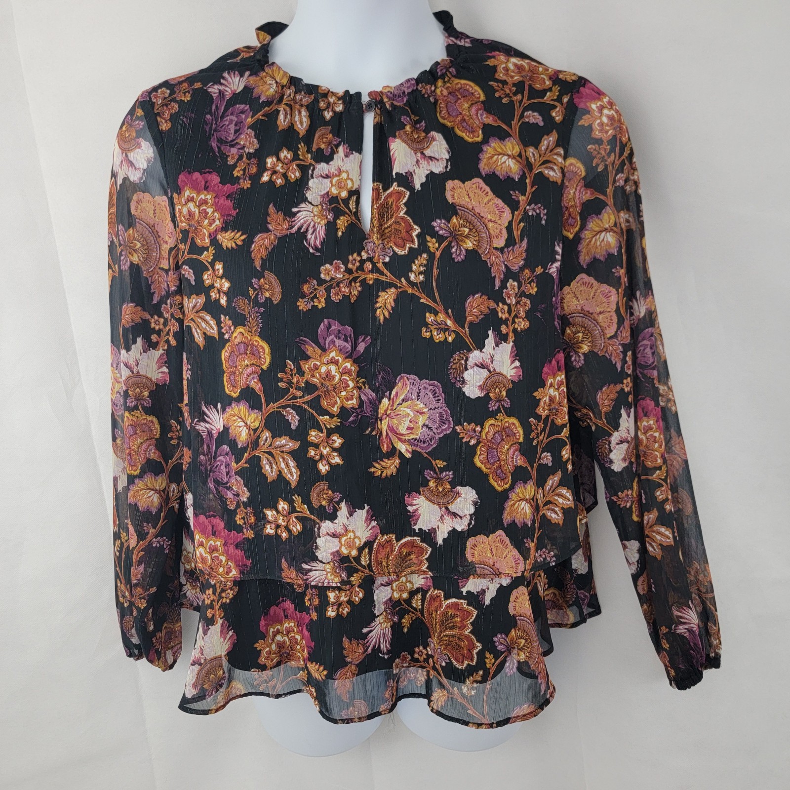 Black Label EVAN PICONE Womens Blouse Dark Floral Autumnal Whimsigoth Sheer Sz L
