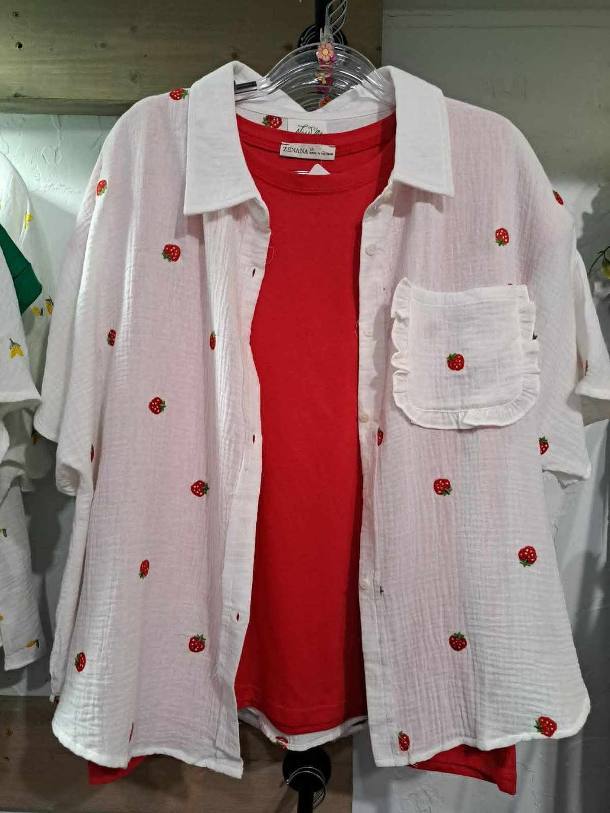 Strawberry Embroidered White Gauze Button Front Top M L 1X 2X