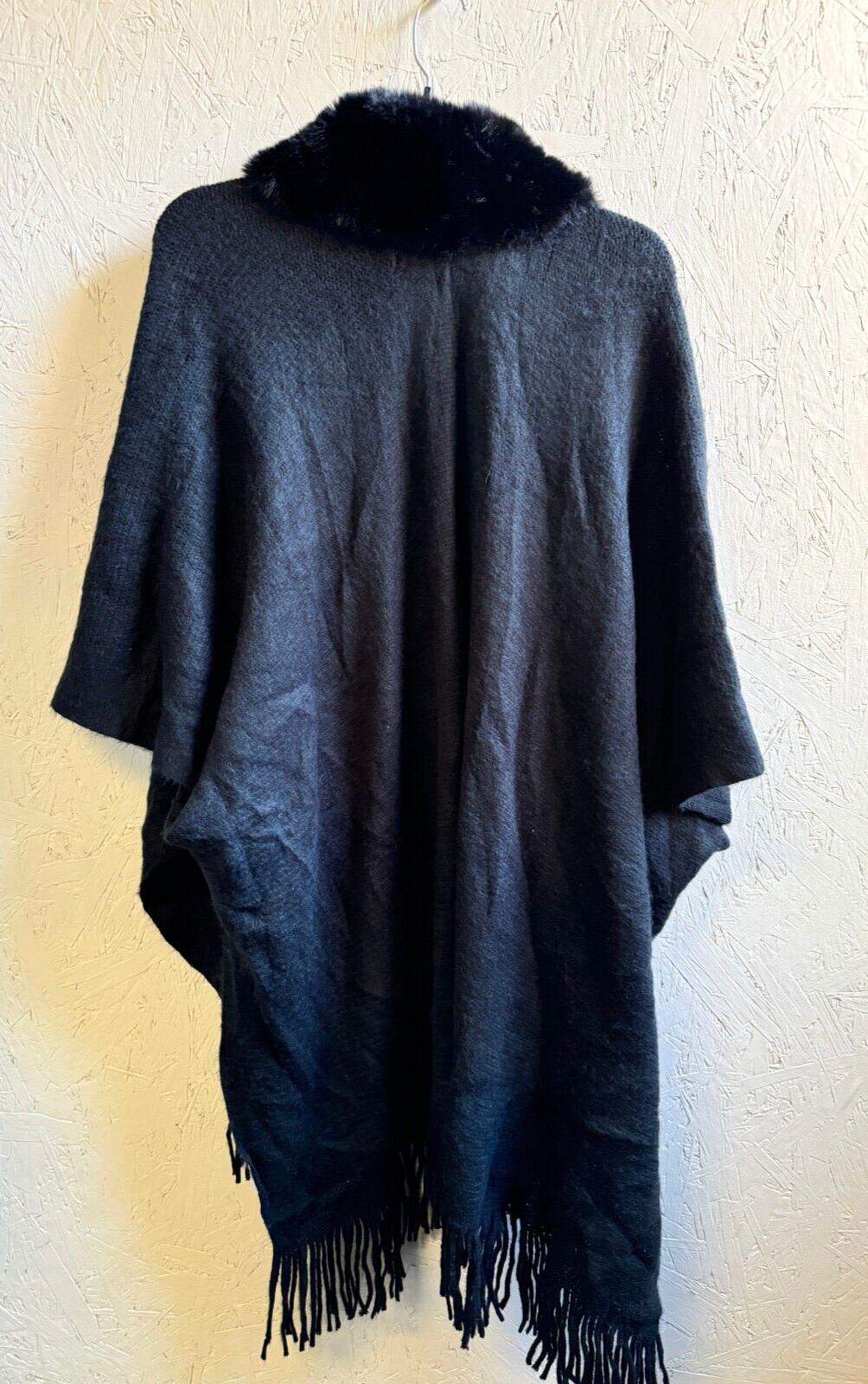 INC Inter. Concepts faux-fur trim fringe open front ruana poncho topper – Black