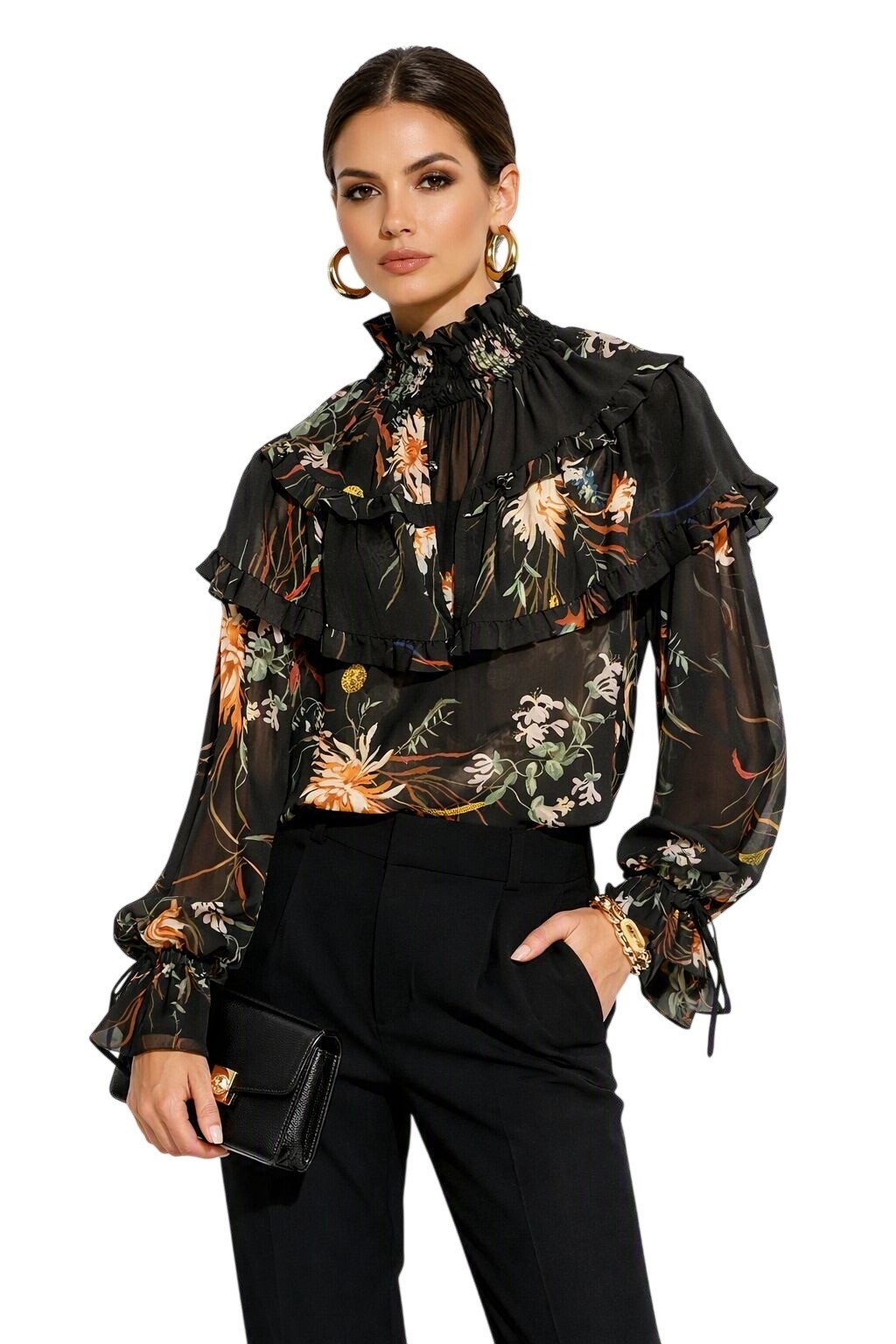 Womens High Funnel Neck Fairygoth Modern Bell Sleeve Black Boho Floral Blouse S
