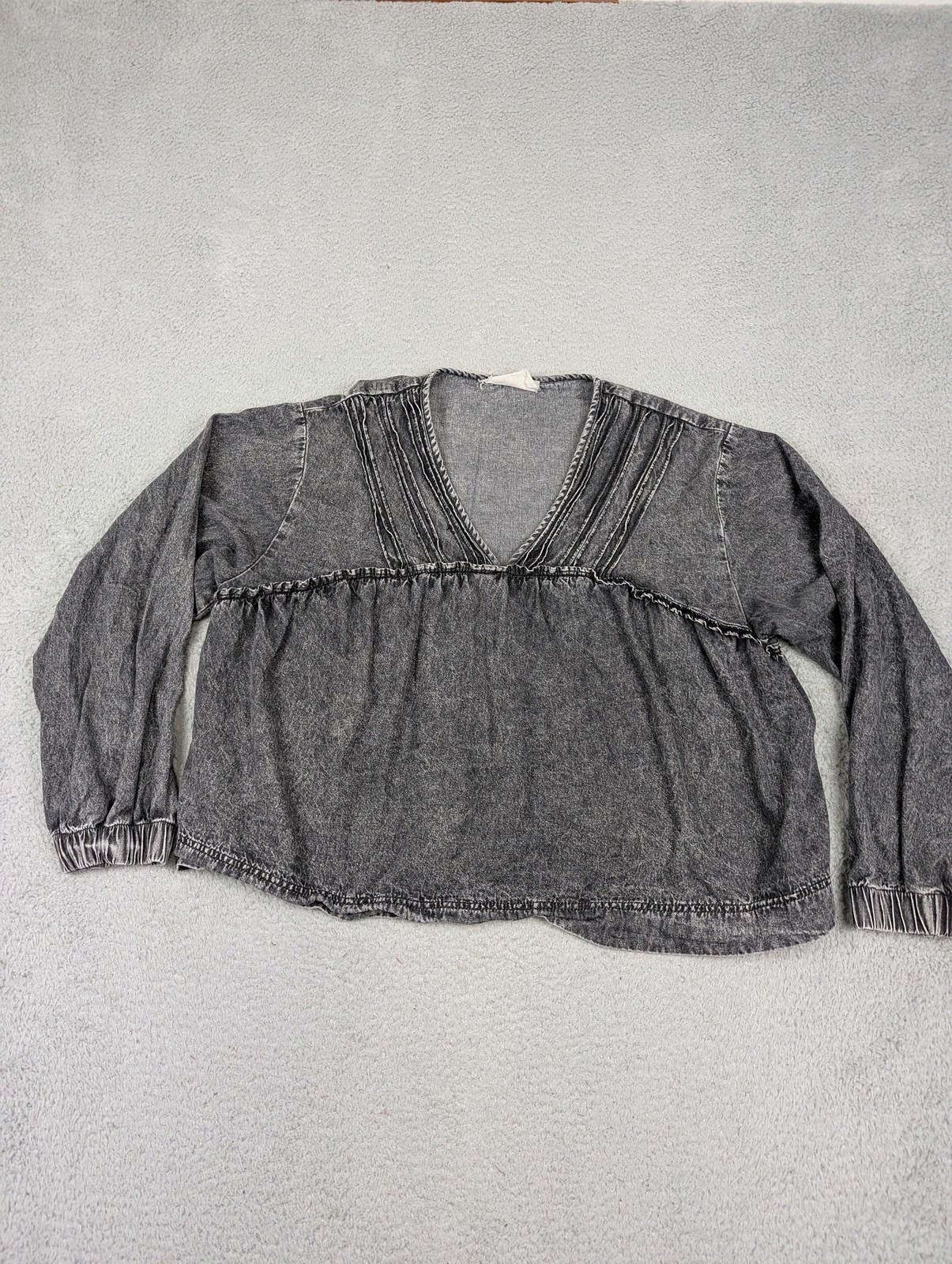 Savanna Jane Shirt Womens Large Gray Mineral Wash V Neck Boho Peplum Long Sleeve