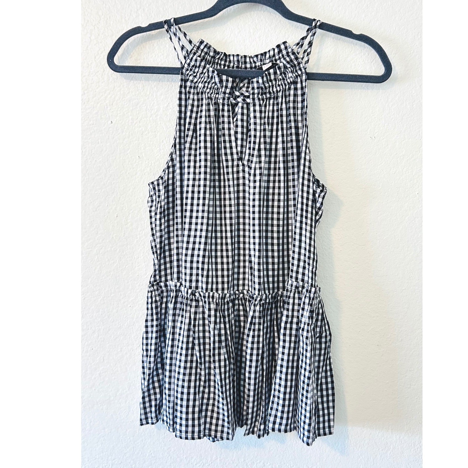 LOFT Black White Gingham Halter Top Smocked Neck Peplum Blouse SZ M NWT