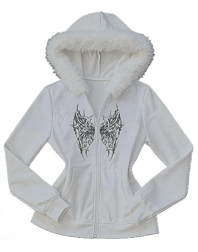 M L WHITE GOTH BUTTERFLY FAUX MINK FUR TRIM HOODIE KANGAROO POCKET ZIPPER TOP
