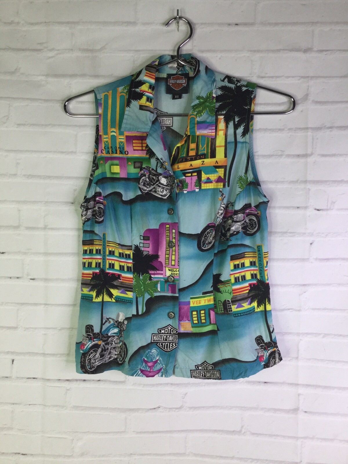 Harley Davidson All Over Print Logo Button Up Shirt Top Sleeveless Womens XS