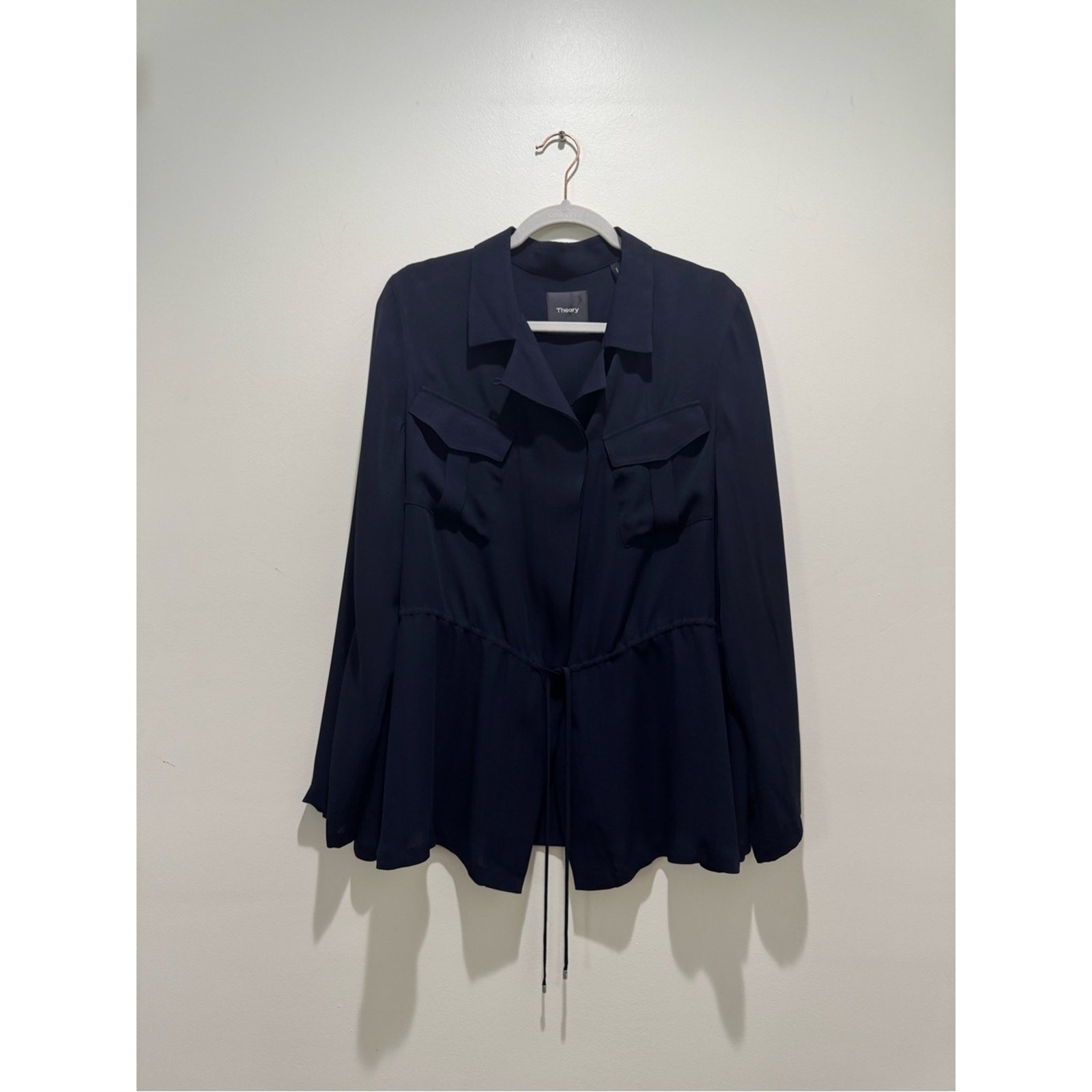 Theory Navy Silk Utility Pocket Tie Waist Blouse Top Size L