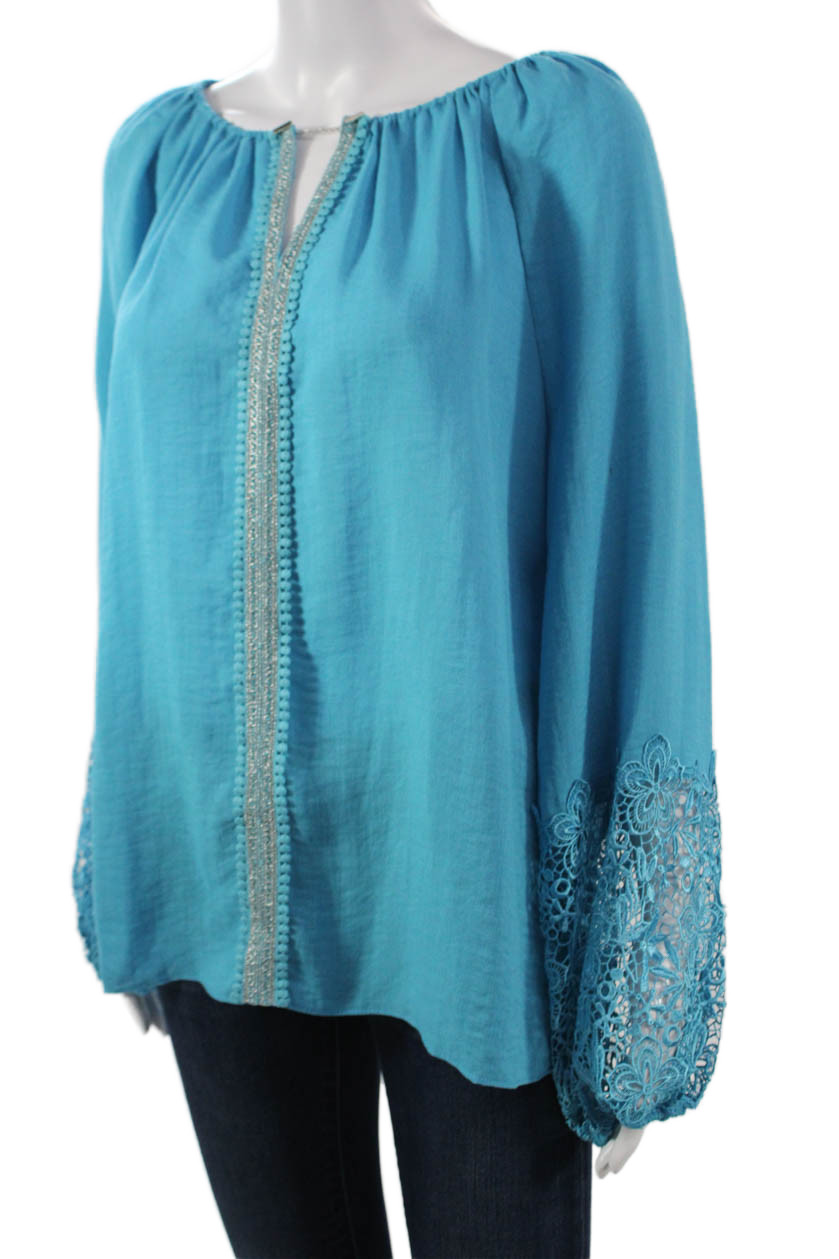 T Tahari Womens Tunic Blouse Blue Long Sleeve Round Neck Rayon Nylon Size M