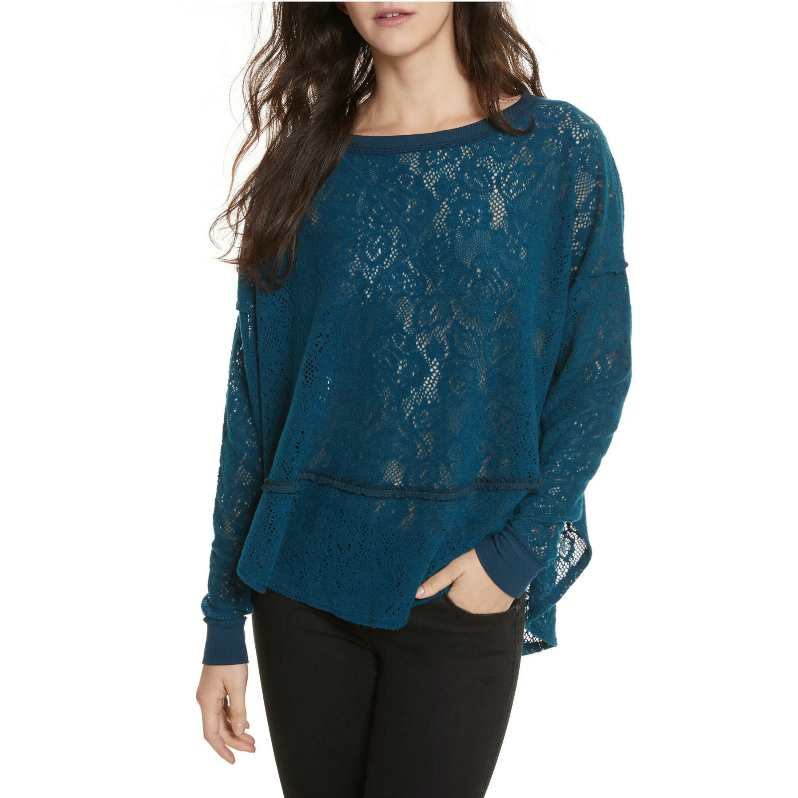 FREE PEOPLE Jewel Blue Not Cold In This Floral Brushed Lace Knit High Low Top S