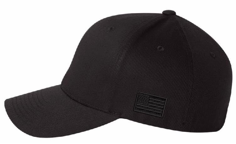 Make America Great Hat Fitted Black Hat with Side Flag, Trmp 2025 on the back.