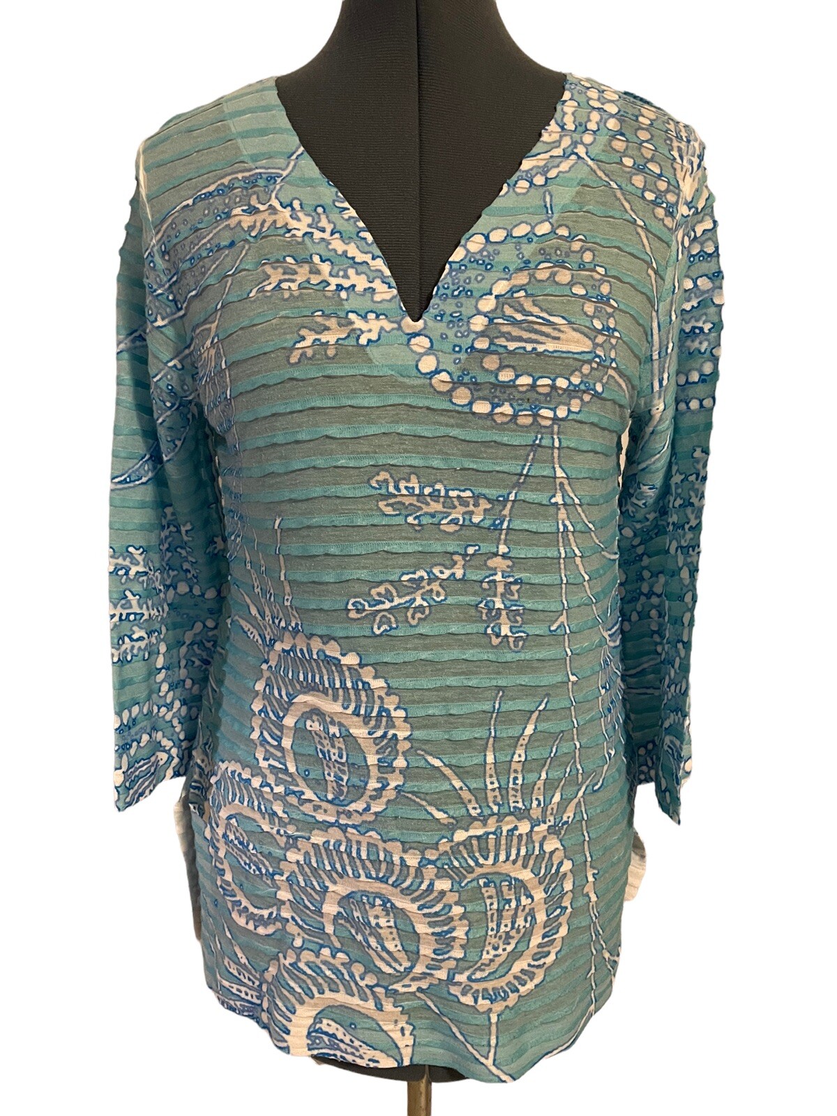 Before + Again Banda Blue Green Nautical Ocean Print V Neck Ribbed Top Coastal M
