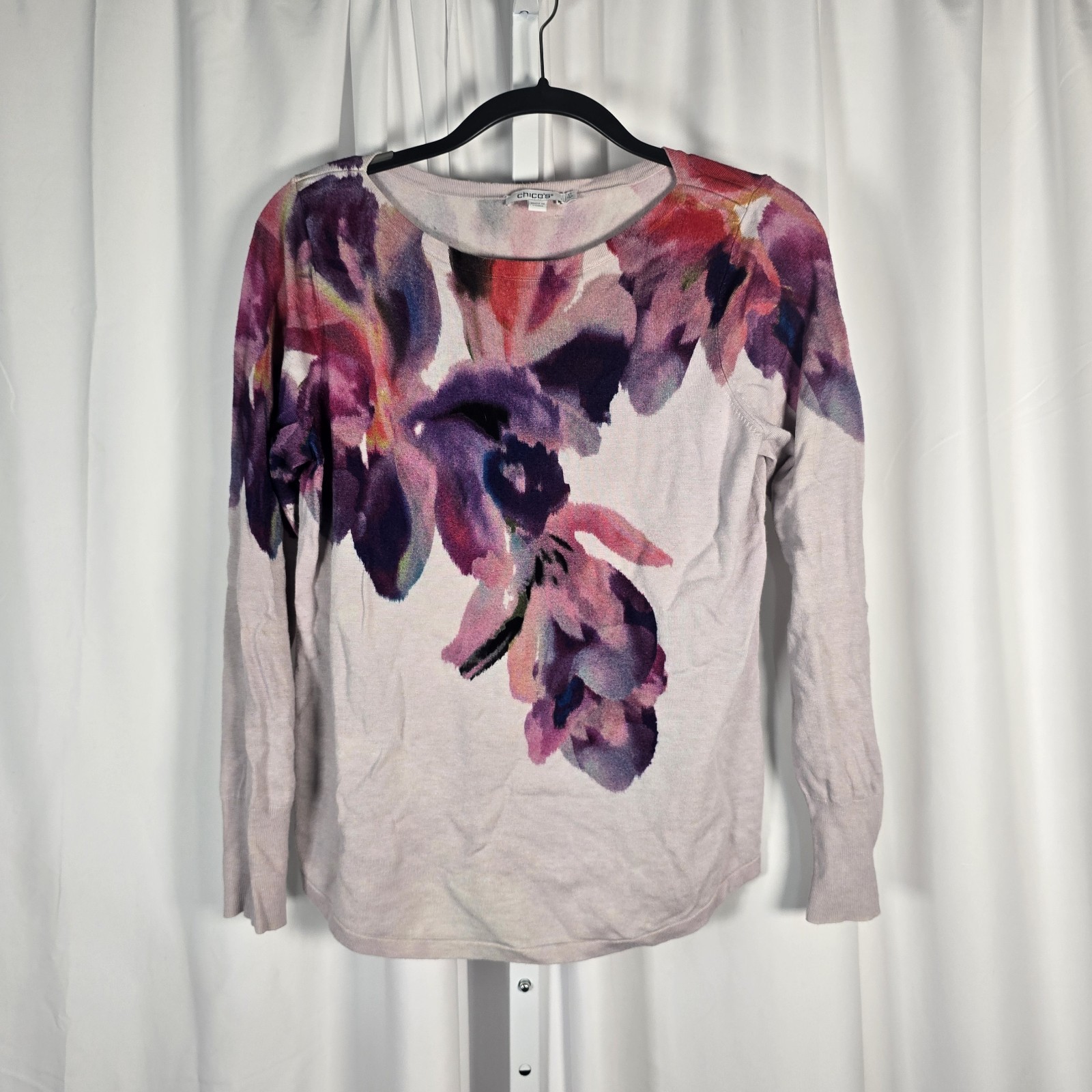 Chicos Womens Gorgeous Ivory Purple Sz Small Boat Neck Pullover Sweater