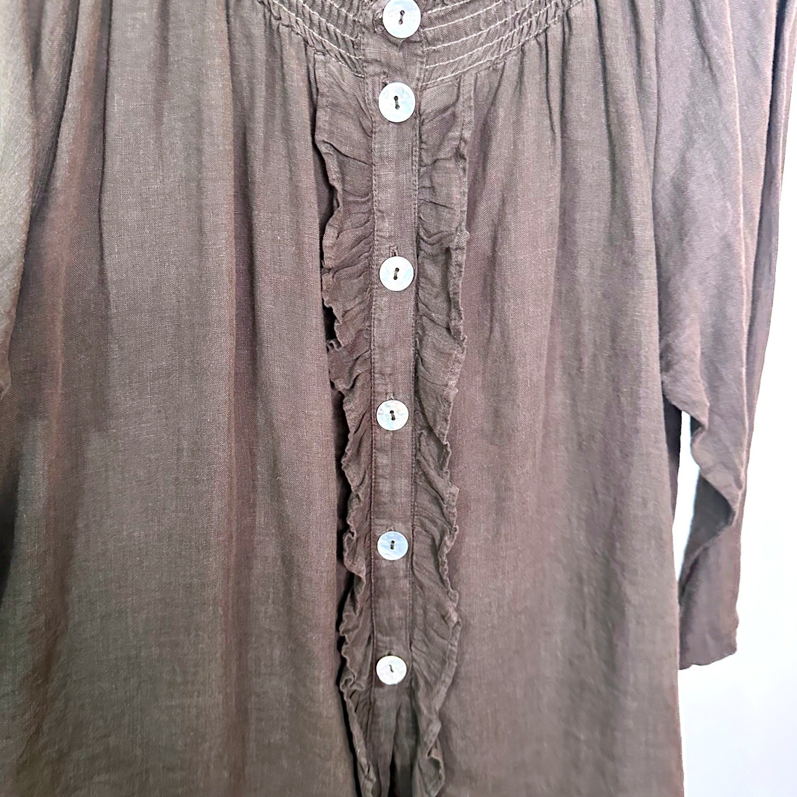 Match Point USA Brown 100% Linen Ruffle Smocked Neck Blouse Top Large