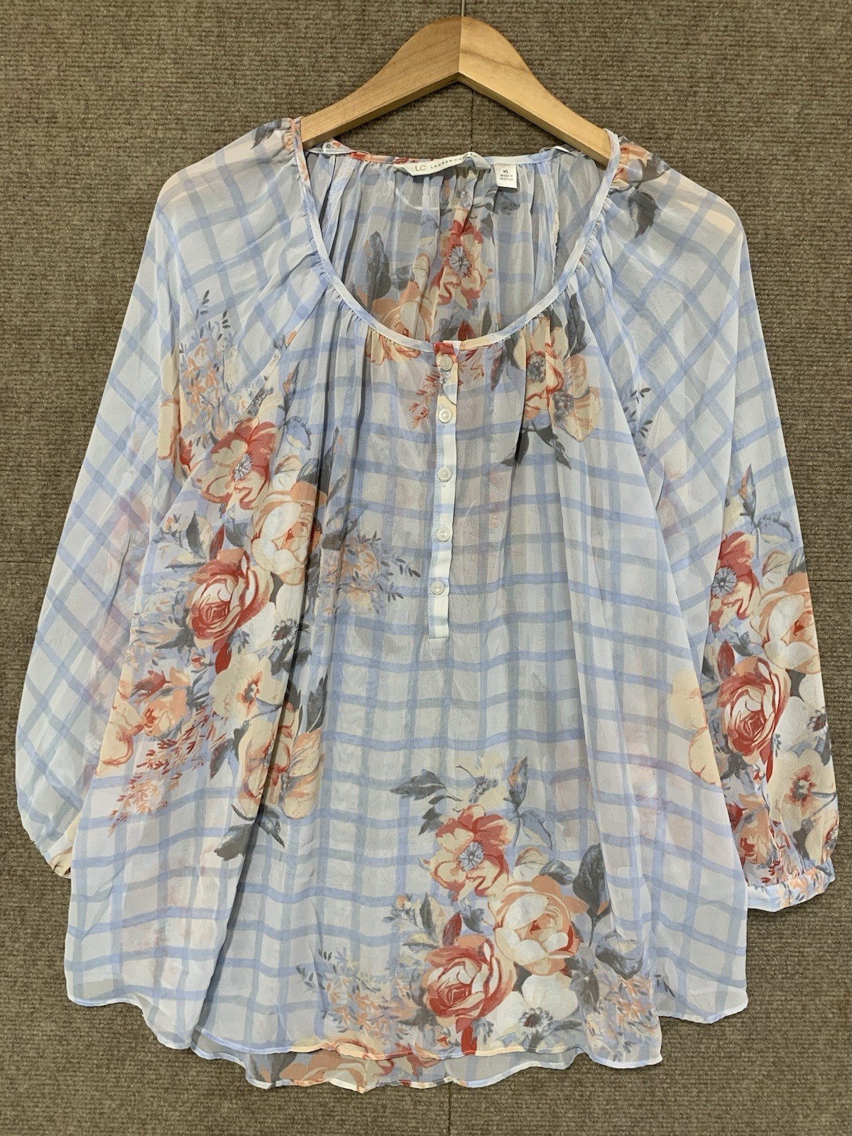 LC LaurenConrad Women Floral Sheer Blouse Top Cottage Coastal Boho Chic Beach XL