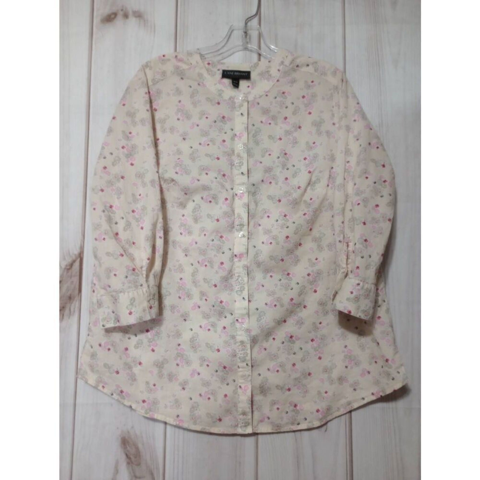Lane Bryant Womens Floral Print Button Front Shirt Size 14 16 Beige Pink Gray