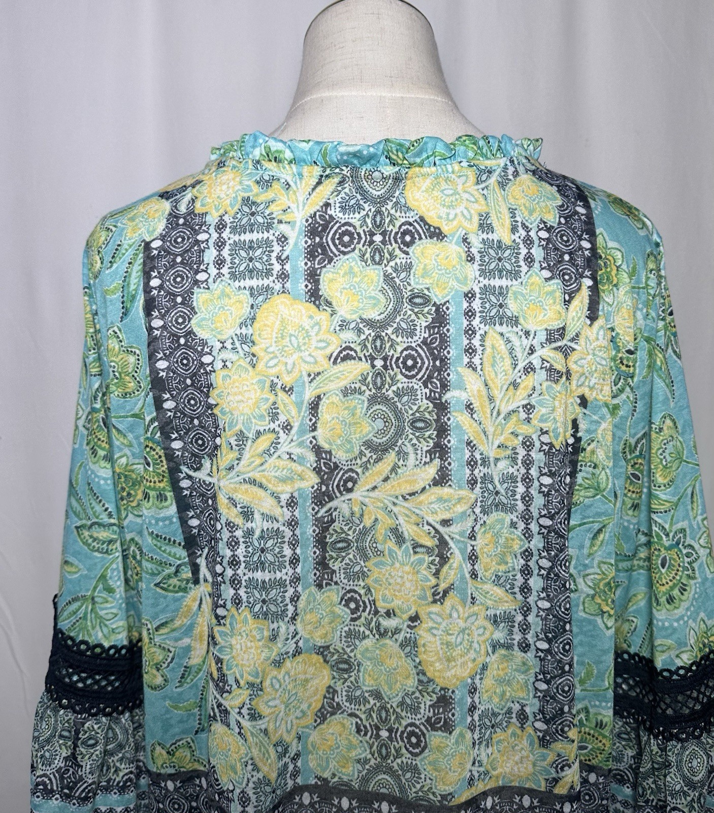 Ruby Rd Top Shirt Blouse Women PXL Petite 3/4 Bell Sleeve Embroidered Green Blue