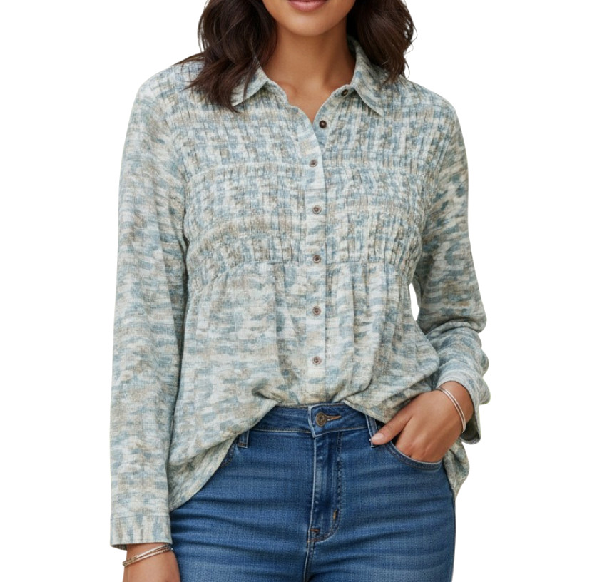 NWT JODIFL Cream/Blue WATERCOLOR Crinkle Challis BUTTON-UP SMOCK TOP Blouse M