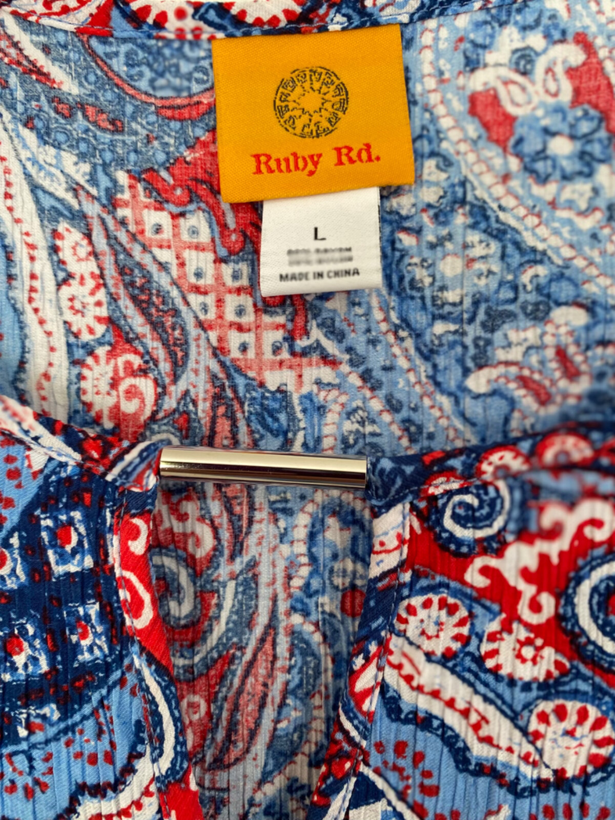 Ruby Rd. Red, White & Blue Woven Bar Turkish Indigo Multi Blouse Size L NWT