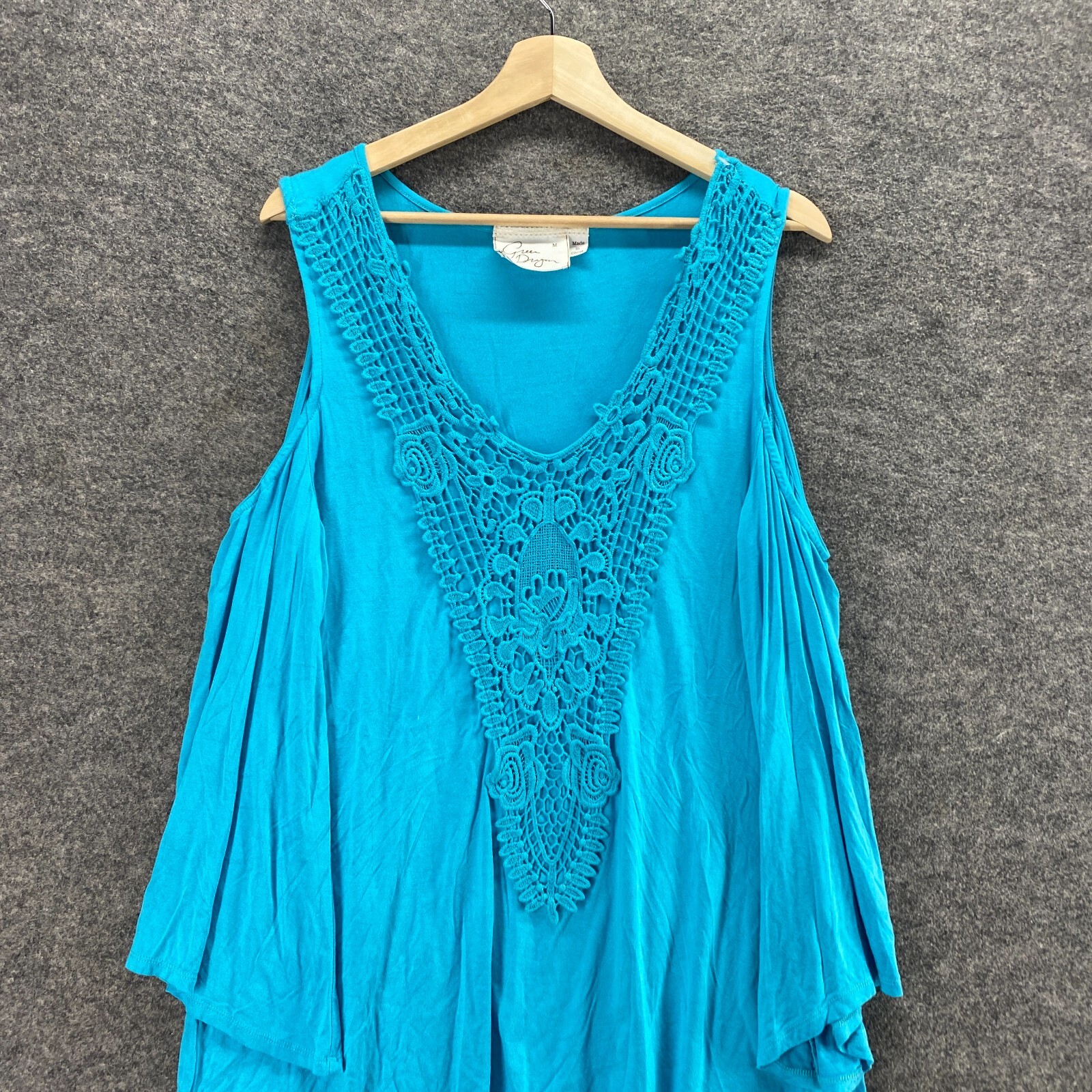 Green Dragon Blouse Women M Blue Crochet Cold Shoulder Long Sleeve Rayon