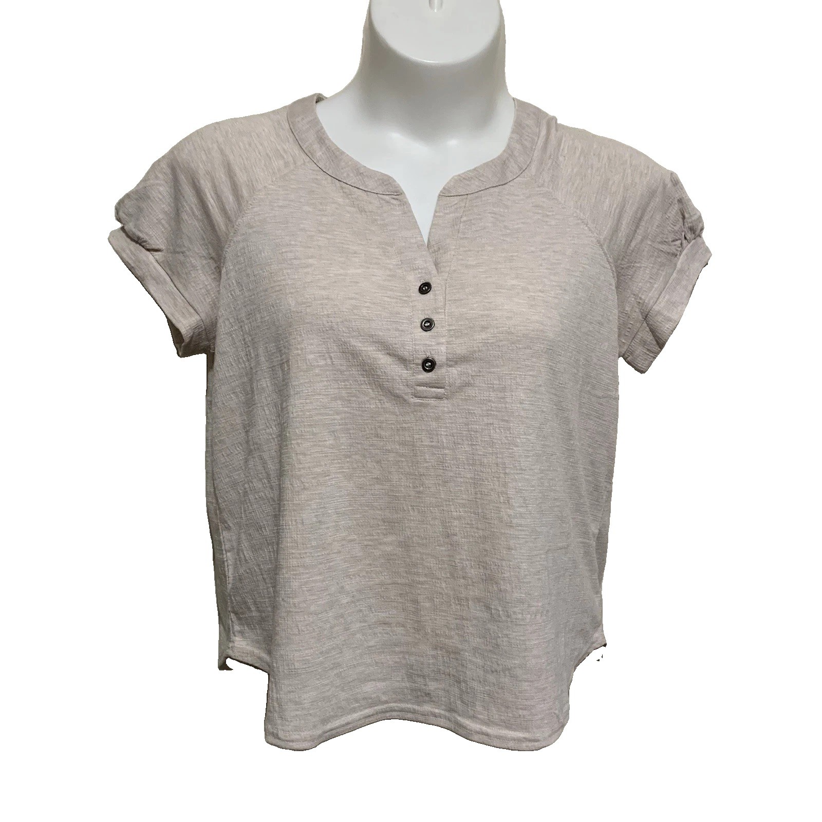 Jane & Delancey Top Womens Size Large Tan Shirt Cap Sleeve Henley Neck Knit