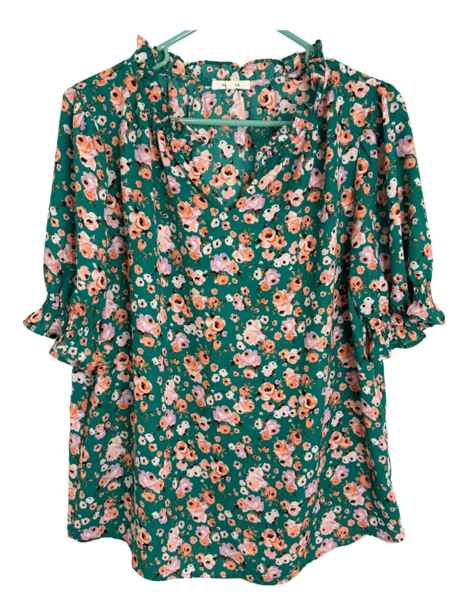 Pleione Green Floral V-Neck Ruffle Elbow Sleeve Blouse Size Large