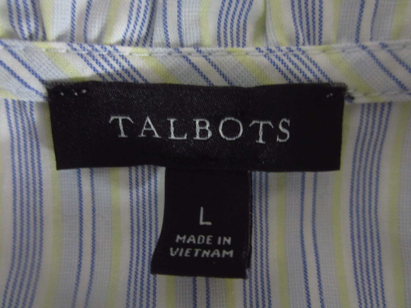 Talbots Womens L Blue White Yellow Striped Ruffle SS Blouse Peasant Shirt Cotton