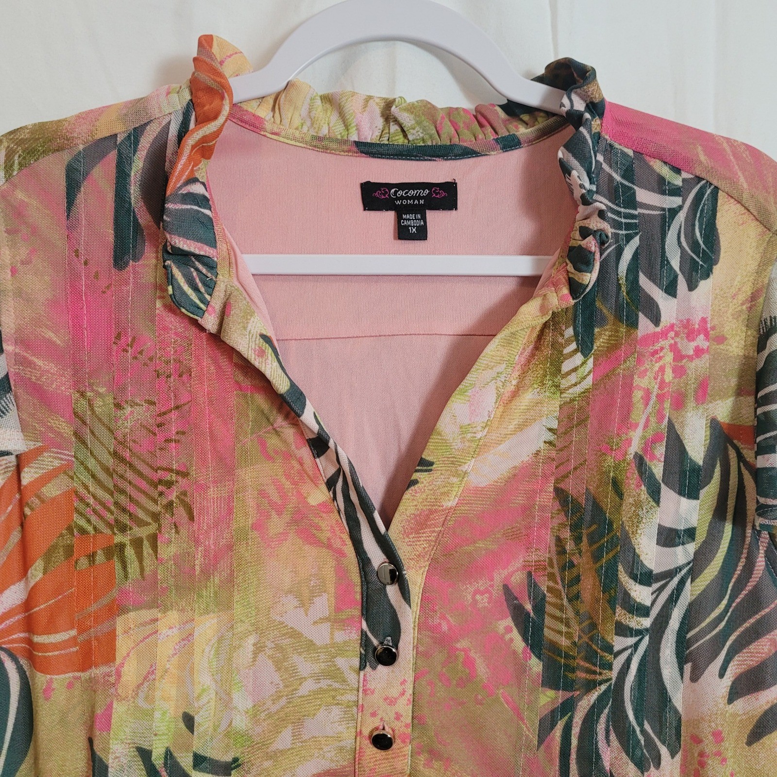 Cocomo Woman Pink Tropical Palm Leaf Lined Mesh Top Ruffle Neck Plus Size 1X