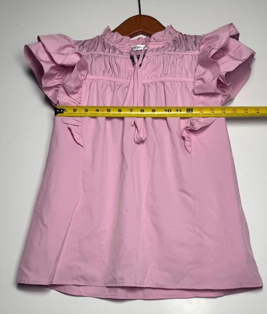 Hooklzo Blouse Top Womens Small Pink Flutter Sleeve Smocked Tie Neck Pleated