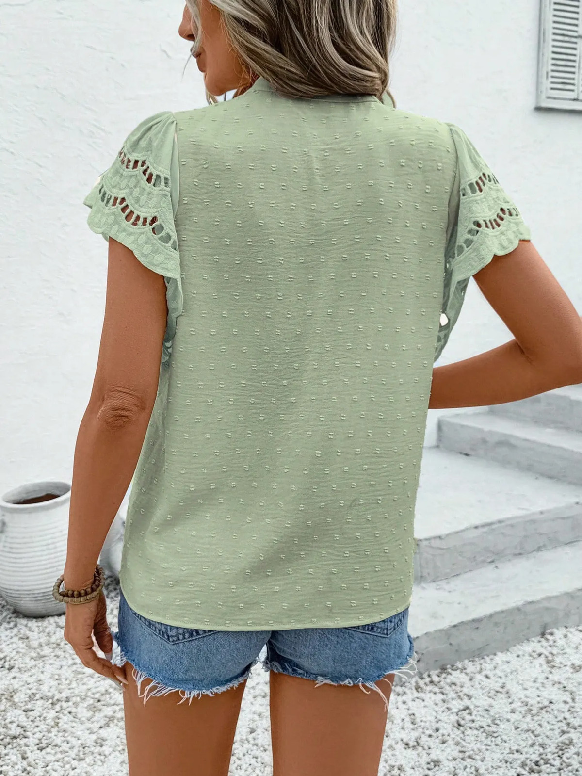 Women Swiss Dot Cutout Button Down Shirt