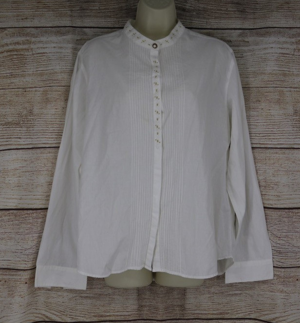 VINTAGE Womens Size 18 Button Up Long Sleeve Pleated Shirt White Embroidered