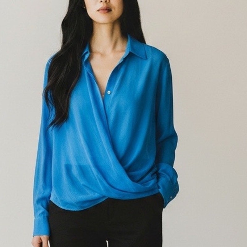 BCBGMAXAZRIA Sheer Chiffon Wrap Top XL Light Blue Romantic Date Night