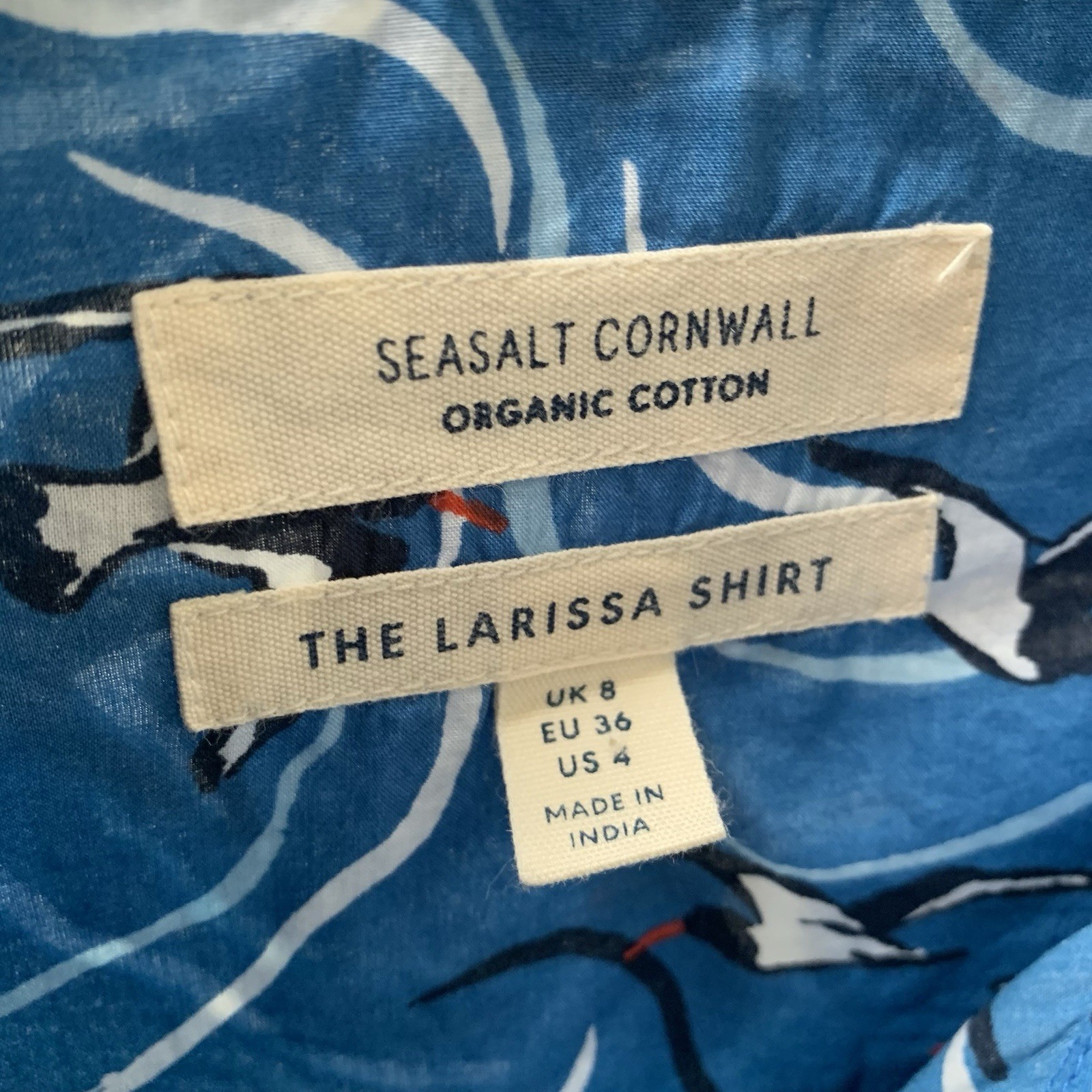 Seasalt Larissa Shirt Size 8 Birds On The River Blue Long Sleeve Organic Cotton
