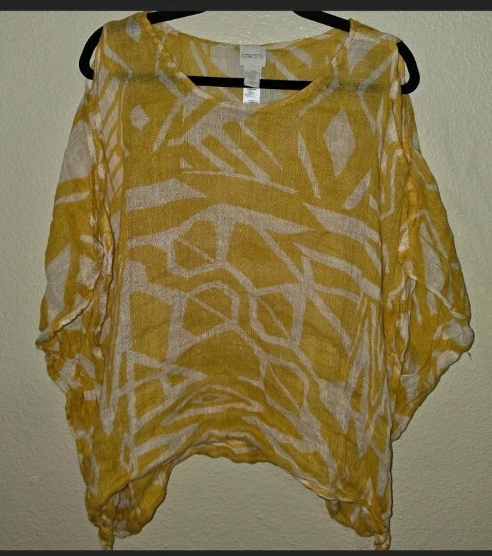 Chico’s Poncho Top Cold Shoulder Cover Up 100% Linen Tassels Size XL NWOT