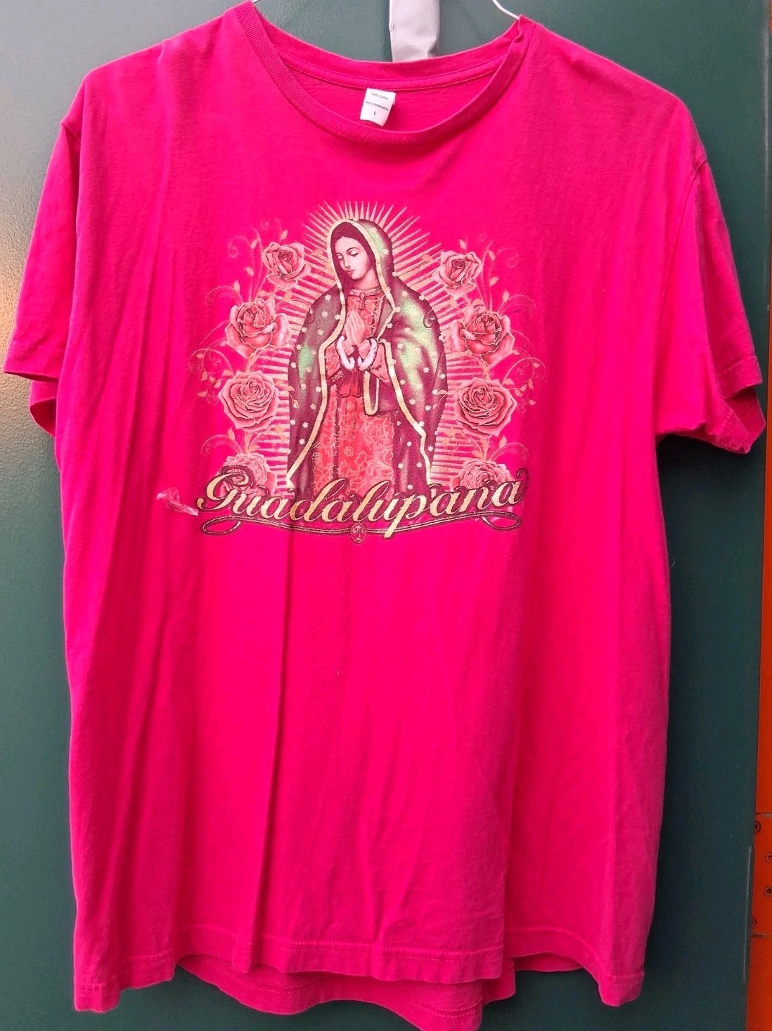 NUESTRA VIRGEN GUADALUPANA GUADALUPE FLOWER ROSE VIRGIN MARY PINK LG 100%COTTON