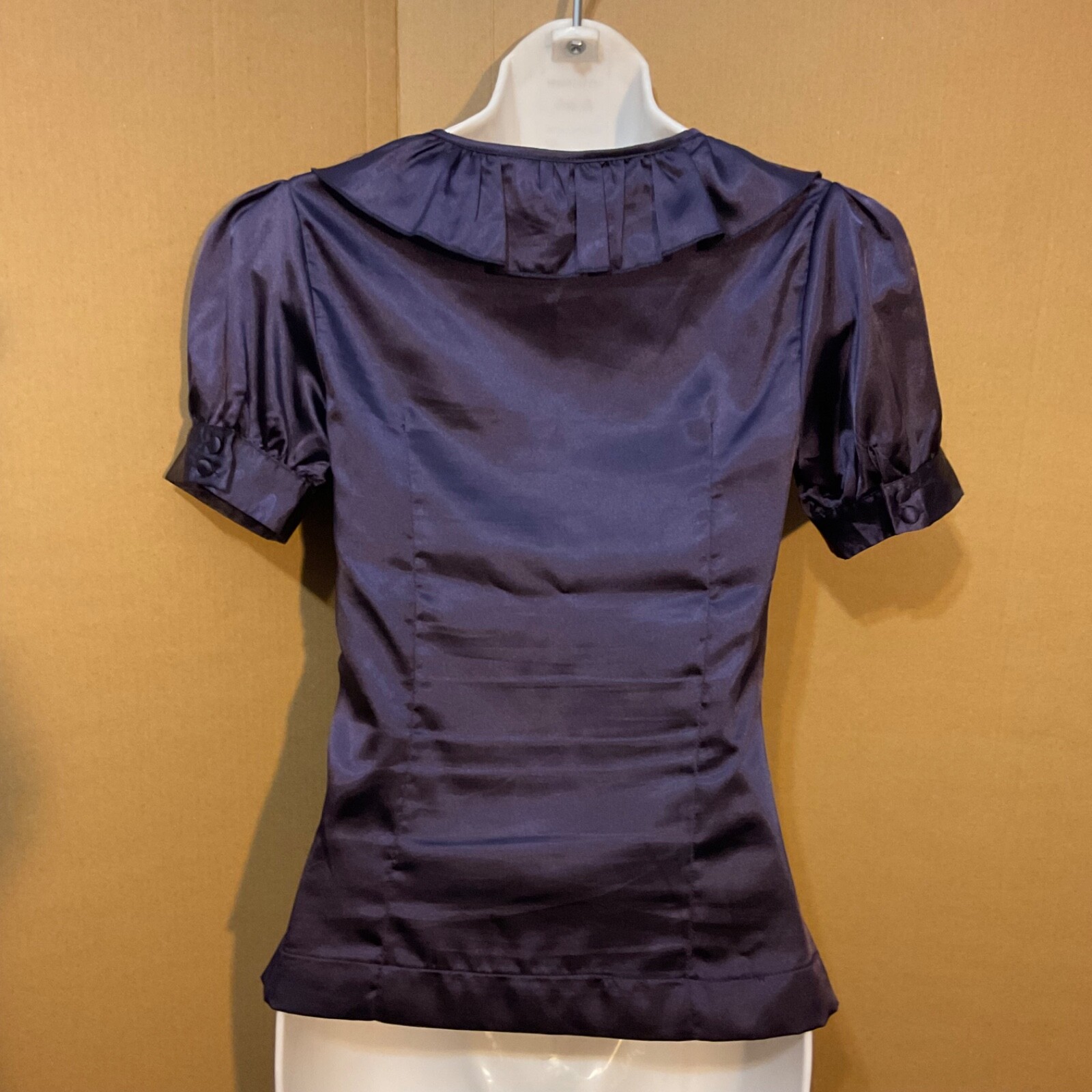 Goth Edwardian Victorian Style Short Sleeves Ruffle Shiny Purple Blouse Top Sz S